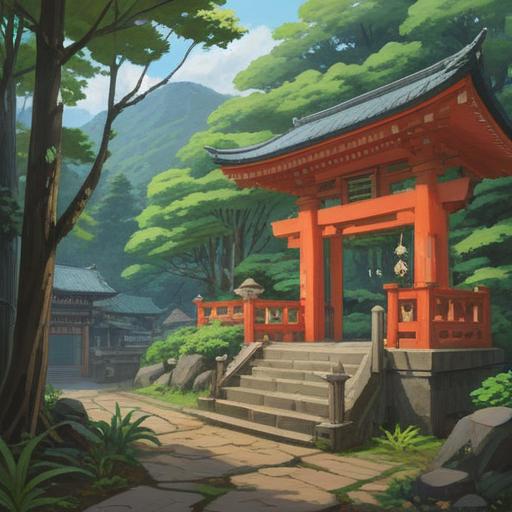 A serene landscape of Izumo Taisha in Hitachi Province, ancient Shinto shrine surrounded by lush greenery, subtle spiritual symbols in the atmosphere, visitors observing nature with reverence, sacred rituals being performed, soft rays of sunlight illuminating the scene, tranquil waters reflecting the shrine, cultural essence of Japan, 4k