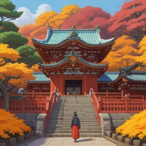 A serene scene at the Hitachi Izumo Taisha shrine, traditional Japanese architecture, vibrant autumn foliage, a traveler holding a lucky item, warm sunlight filtering through the trees, peaceful atmosphere, cultural richness, detailed textures of the shrine, 4k resolution