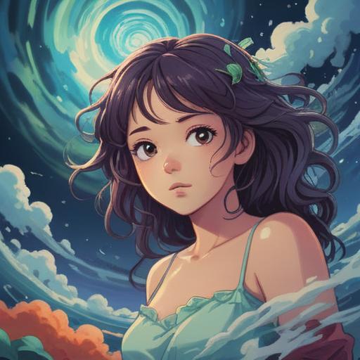 A mystical illustration of a dreamy figure, surrounded by swirling clouds, gentle waves of light, embodying perpetual sleepiness, serene expressions, softly glowing orbs, ethereal atmosphere, vibrant colors, symbolic representations of dreams and spirituality, 4k