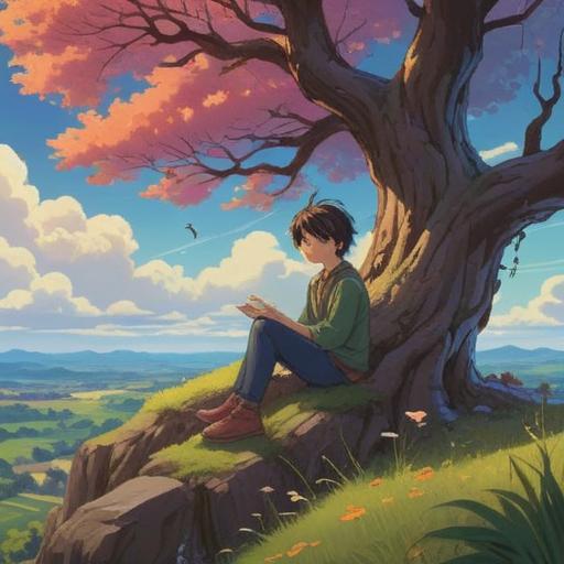 A serene and dreamy landscape, a person sitting under a large tree, surrounded by soft clouds, gently closed eyes, ethereal light surrounding them, a sense of peace and tranquility, symbolic representations of spirituality, soothing color palette, harmonious atmosphere, 4k