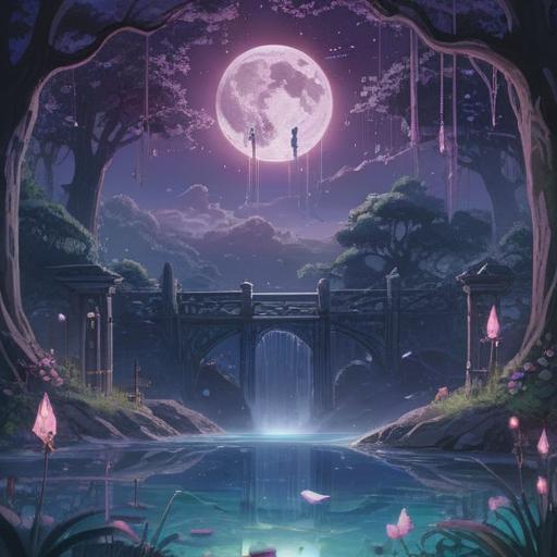 A serene and mystical scene, depicting a crystal sparkling under soft moonlight, surrounded by floating musical notes, a soothing blue and purple color palette, ethereal glow, gentle waves of sound visualized in the air, tranquility and fortune, a peaceful night setting, capturing the essence of tinnitus relief and good luck, 4k