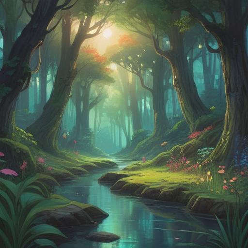 A serene and mystical forest glade, ethereal light filtering through ancient trees, calming stream flowing gently, vibrant flora and fauna, soft illumination creating a peaceful atmosphere, presence of gentle spirits or ethereal beings, inviting path leading deeper into the woods, sense of tranquility and connection to nature, 4k