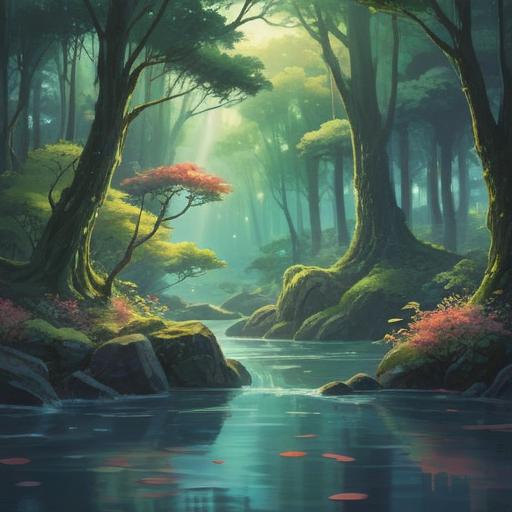 A serene landscape depicting a mystical place, soft light filtering through trees, gentle flowing water, ethereal glows in the air, subtle signs of spiritual energy, a feeling of tranquility, inviting path leading to a hidden shrine, nature harmonizing with the human spirit, calming atmosphere, 4k