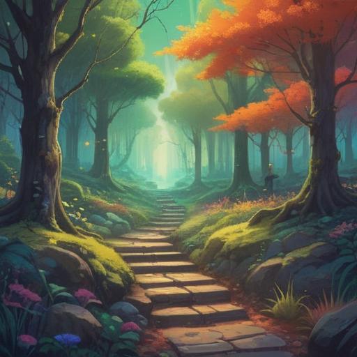 A serene landscape featuring mystical symbols in the sky, soft natural lighting, a calm forest path, ethereal glow surrounding the trees, gentle breeze rustling the leaves, subtle signs like feathers and animal tracks, peaceful atmosphere, inviting but cautionary feel, 4k