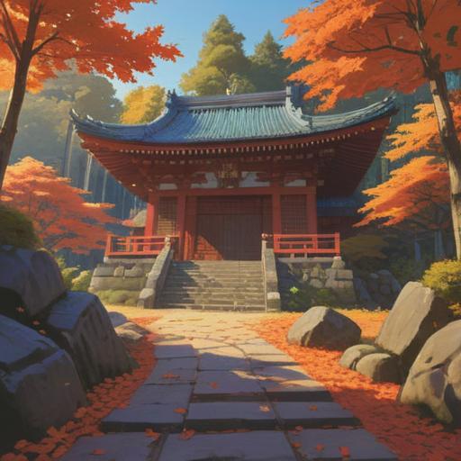 A serene depiction of Kumano Shrine with vibrant autumn leaves, sacred trees surrounding the shrine, sunlight filtering through the branches, a tranquil atmosphere filled with spiritual significance, a torii gate marking the entrance, delicate offerings placed at the shrine, 4k