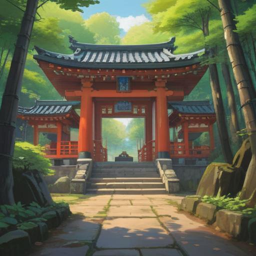 A serene and spiritual illustration of the Ueno Colorful Kumano Shrine, vibrant colors, lush greenery surrounding the shrine, tranquil atmosphere, visitors receiving positive energy, traditional Japanese architecture, intricate details of the shrine, sunlight filtering through the trees, peaceful expressions on faces, 4k