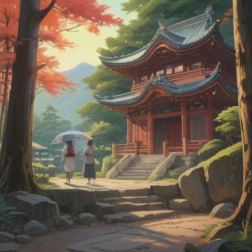 A serene scene at the Uke Kumano Shrine, visitors observing spiritual signs, soft morning light filtering through trees, traditional Shinto architecture, colorful prayer ribbons swaying in the breeze, stones marked by pilgrims, a gentle, sacred atmosphere, reflections of nature, 4k