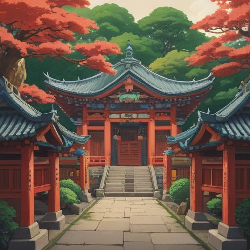 A vibrant and serene illustration of a visited shrine, showcasing the unique architecture of Kamimukune Shrine, surrounded by lush greenery, people admiring the surroundings, colorful traditional decorations, a sunny sky creating a peaceful atmosphere, 4k