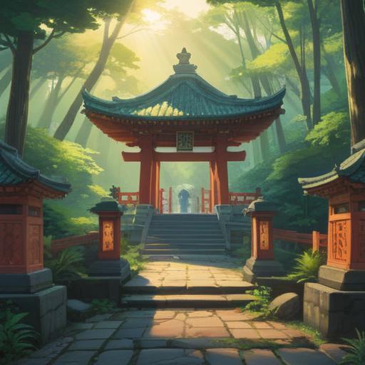 A serene and mystical scene depicting the spiritual journey from the Kamigamo Shrine, lush greenery surrounding the shrine, rays of sunlight filtering through the trees, soft ethereal glow, tranquil waters reflecting the sacred architecture, thoughtful figures engaging in meditation, harmonious atmosphere, rich cultural elements of Shinto, 4k