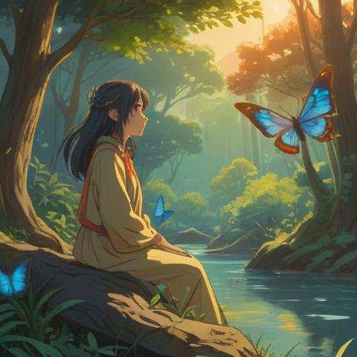 A serene landscape depicting a person in contemplation, surrounded by nature, soft sunlight filtering through trees, symbols of intuition such as butterflies and feathers, tranquil water reflecting the sky, a sense of reassurance and guidance, a harmonious balance between mind and spirit, 4k