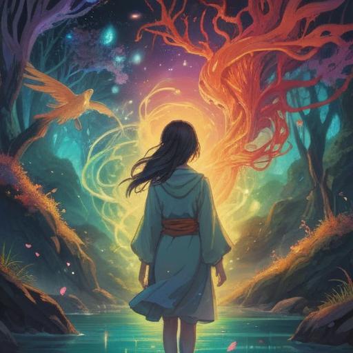 A serene and mystical illustration, ethereal light surrounding a person reflecting deeply, symbols of spiritual growth and transformation, gentle flow of energy, nature elements in harmony, a path illuminated by soft glows, inviting atmosphere, clear representation of inner peace and guidance, 4k