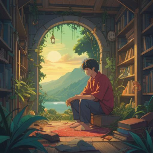 A serene and introspective scene, depicting a person contemplating a day off work, surrounded by symbols of nature and spirituality, light breaking through trees, an aura of calmness, gentle reminders of self-care, ethereal glow, harmonious atmosphere, 4k