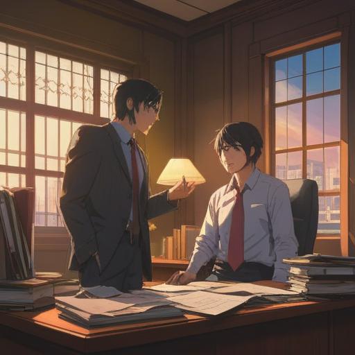 A dramatic office scene depicting a heated argument between a boss and an employee, emotional intensity, spiritual symbolism, a bright light breaking through the clouds overhead, contrasting tension and resolution, metaphoric representation of personal growth, visually striking expressions, 4k
