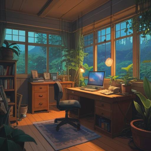 A serene illustration of a calming workspace, a clean desk with a glowing lucky stone, soft natural light streaming through the window, plants in the background symbolizing growth, an atmosphere of tranquility and renewal, inviting colors, subtle details of the stone's texture, 4k