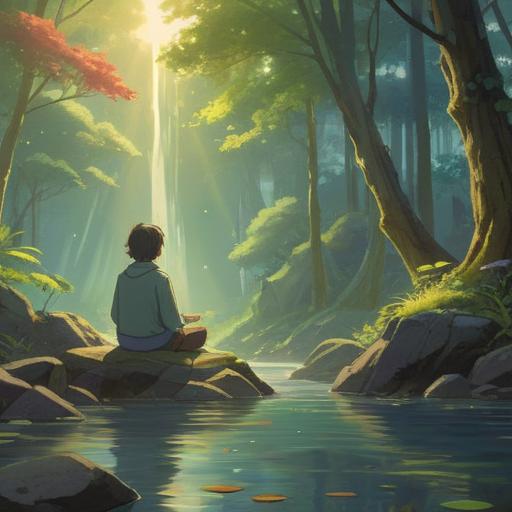 A serene illustration of a lucky stone, calming environment, soft sunlight filtering through trees, gentle waves in the background, people meditating nearby, peaceful atmosphere, vibrant colors, a sense of tranquility, nature's beauty, detailed textures of the stone, 4k