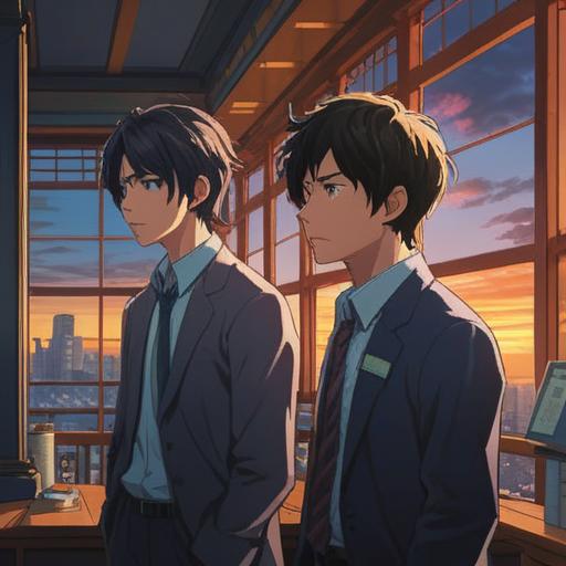 A serene and contemplative scene, two individuals in a corporate setting, one looking frustrated, the other calm and composed, ethereal light surrounding them, symbols of growth and transformation in the background, gentle nature elements like leaves and flowers, a sense of spirituality and insight, 4k