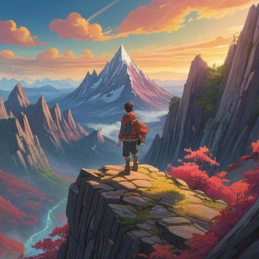 A meditative scene depicting a figure looking down from a serene mountain peak, embodying an aura of superiority and enlightenment, ethereal light surrounding them, tranquil landscape below, harmonious colors, symbolic elements representing spiritual elevation, 4k