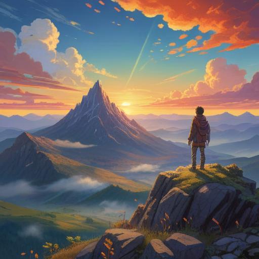 A whimsical illustration of a person standing on a mountaintop, gazing at a vibrant sunrise, surrounded by clouds and shimmering light, symbolizing new perspectives, an open mind, inspirational scenery, serene atmosphere, vivid colors, detailed landscape, 4k