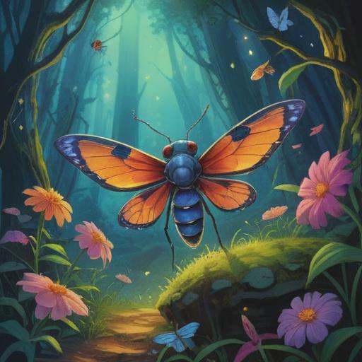 A spiritual and mystical scene depicting an insect gracefully falling from above, vibrant colors, ethereal light, serene atmosphere, symbolic representation of good signs, nature elements surrounding the insect, soft focus on the background, thoughtful expression on the observer's face, harmonious composition, 4k