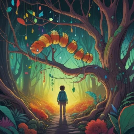 A whimsical scene depicting a person standing beneath a tree, looking surprised as a colorful caterpillar falls from the branches, surrounded by various lucky charms like four-leaf clovers, horseshoes, and lucky coins on the ground, vibrant colors, playful atmosphere, enchanting garden setting, 4k