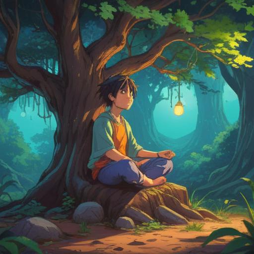 A serene and contemplative scene, a person meditating under a tree, surprised expression as a small bug drops from above, gentle sunlight filtering through leaves, calming nature sounds in the background, peaceful surroundings, emotional balance and acceptance, introspective mood, 4k