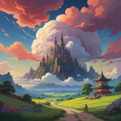 A serene landscape showcasing clouds stretching upward into the sky, vibrant colors, a sense of wonder and tranquility, a lucky symbol subtly integrated into the scene, soft sunlight illuminating the clouds, lush greenery below, whimsical atmosphere, 4k