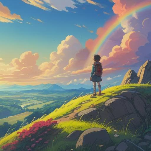 A whimsical scene of a person standing on a hill under a bright blue sky, gazing towards a vibrant rainbow that arcs over a tranquil landscape, surrounded by lush green fields and blooming flowers, the sun shining warmly, symbolizing hope and inner peace, 4k