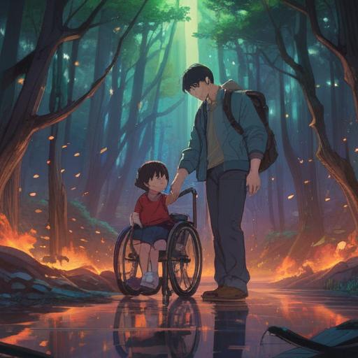 A serene and reflective scene depicting a parent gently holding the hand of a child with a disability, surrounded by a glowing aura symbolizing spiritual connection, soft light filtering through trees in a peaceful park, gentle expressions on their faces, ethereal symbols representing love and understanding in the background, tranquil atmosphere, harmonious colors.