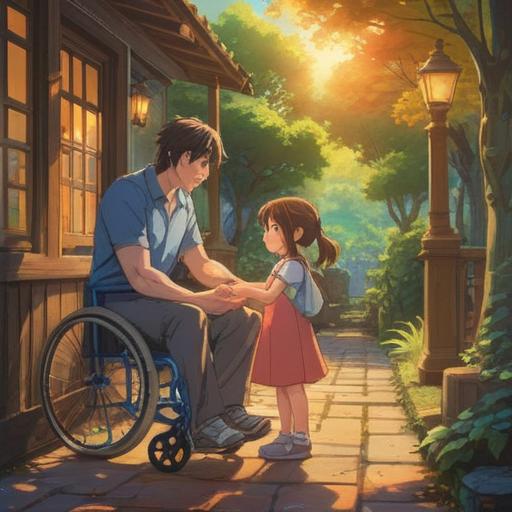 A serene and uplifting scene depicting a parent guiding their child with a disability, surrounded by a warm, nurturing environment, gentle sunlight filtering through trees, symbolic elements representing spiritual growth, such as blossoming flowers and radiant light, emotional connection between parent and child, sense of hope and encouragement, 4k