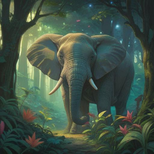 A serene illustration of an elephant surrounded by lush greenery, ethereal light filtering through a forest canopy, symbols of spirituality intertwined among the branches, gentle expressions on the elephant's face, an atmosphere of wisdom and tranquility, soft glowing orbs representing energy, intricate patterns of nature, 4k