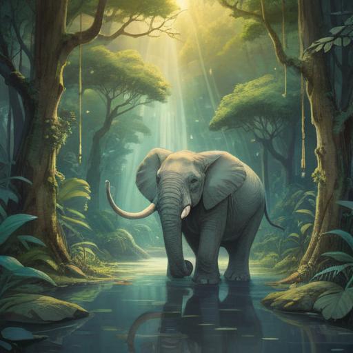 A serene and mystical scene featuring an elephant, delicate ivory tusks gleaming in the sunlight, surrounded by lush greenery, gentle streams flowing nearby, ethereal light filtering through the trees, symbols of spirituality and good fortune in the air, peaceful atmosphere, harmonious connection with nature, 4k