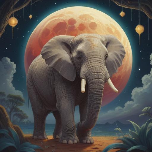 An ethereal scene depicting an ivory elephant standing majestically under a full moon, surrounded by shimmering light, spiritual symbols like feathers and dreamcatchers floating in the air, a tranquil forest setting, soft glow illuminating the elephant, conveying wisdom and spirituality, mystical atmosphere, detailed textures, harmony with nature, 4k