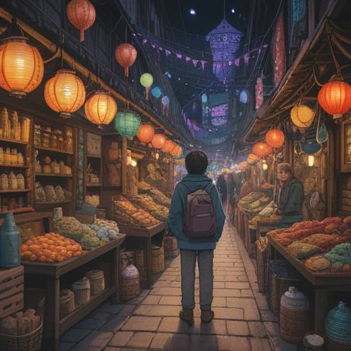 A serene and introspective scene depicting a person standing in a vibrant marketplace, surrounded by colorful items and trinkets, illuminated by soft sunlight, illustrating the internal struggle and excitement of impulse buying, spiritual awakening as they hold a particular object, colorful fabric draping around them, ethereal aura suggesting deeper meaning, 4k