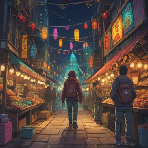 A vibrant and colorful illustration of a person standing in a bustling marketplace filled with various items, surrounded by glowing lights and ethereal symbols representing spiritual signs, the expression of joy and excitement on their face, a sense of divine guidance, a feeling of abundance, lively atmosphere, intricate details of the products, capturing the essence of spontaneous joy and spiritual awakening, 4k