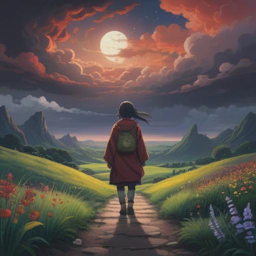 A serene landscape depicting a person standing alone on a path, surrounded by dark clouds symbolizing lost joy, a faint light emanating from the horizon representing hope, ethereal particles floating in the air, a subtle aura around the figure, introspective expression, nature's beauty contrasting with the somber mood, soft rays of light breaking through the clouds, 4k