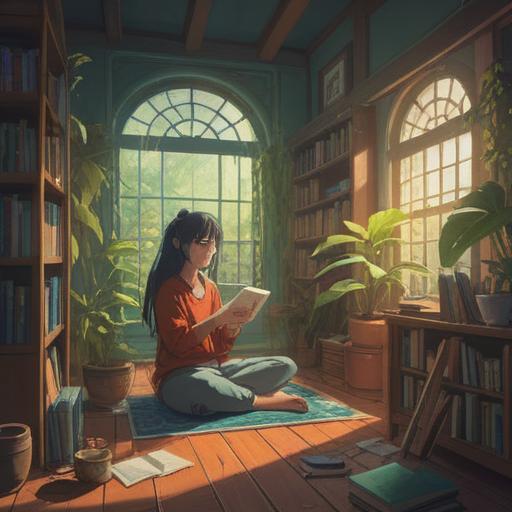 A tranquil morning scene, a person practicing meditation in a sunlit room, surrounded by plants and books, a steaming cup of tea nearby, soft sunlight streaming through a window, peaceful expression on their face, serene atmosphere, harmonious lifestyle, 4k