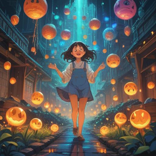 A whimsical and joyful scene depicting a person laughing heartily, surrounded by vibrant spiritual symbols, floating orbs of light, and serene nature elements, conveying a sense of inner peace and happiness, bright colors, ethereal atmosphere, 4k