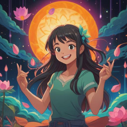 A joyful person with a big smile, surrounded by a glowing aura, vibrant colors, uplifting atmosphere, symbols of spirituality like lotus flowers and mandalas, bright sunlight filtering through trees, serene nature setting, conveying positive energy and laughter, 4k