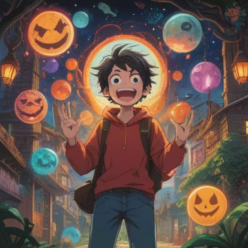 A whimsical scene capturing a person with an infectious laugh, surrounded by subtle yet visible spiritual symbols, glowing orbs of energy, soft ethereal light, a mysterious forest setting, playful expressions, attentive atmosphere, hidden messages in nature, serene and enchanting, 4k