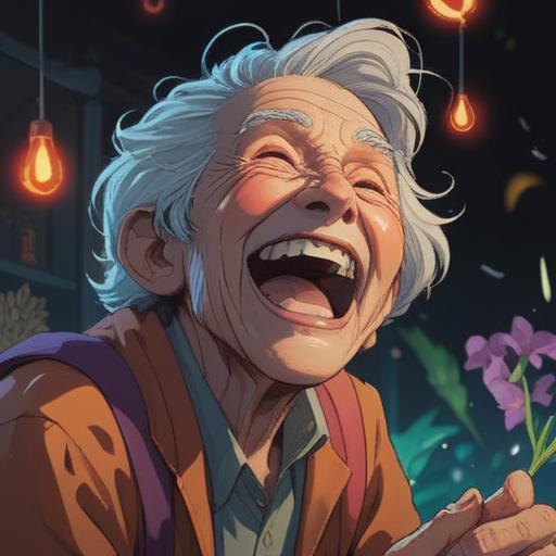A serene illustration of a joyful elderly person laughing, their face adorned with prominent laugh lines, vibrant aura emanating from them, surrounded by nature, symbolic elements representing wisdom and spirituality, soft sunlight illuminating their features, peaceful and uplifting atmosphere, 4k