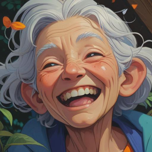 A close-up of a joyful elderly person's face, deep laughter lines around the eyes and mouth, radiant smile conveying wisdom and happiness, soft natural lighting, serene background with symbols of spirituality, peaceful atmosphere, conveying the beauty of aging and positive energy, 4k