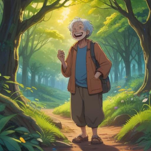 A serene and reflective scene, an elderly person with deep laughter lines, surrounded by a peaceful nature setting, gentle sunlight filtering through trees, a sense of wisdom and spirituality, subtle hints of energy fields around the individual, calm expression conveying inner peace, soft focus background, warm color palette, 4k