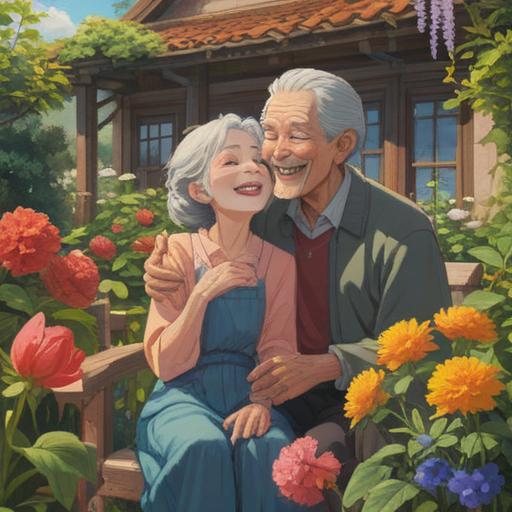 A heartwarming scene depicting an elderly couple sharing a joyful moment, laughter lines visible on their faces, surrounded by blooming flowers in a sunny garden, warm sunlight casting gentle shadows, expressing the essence of happiness and love, tender smiles, serene atmosphere, 4k