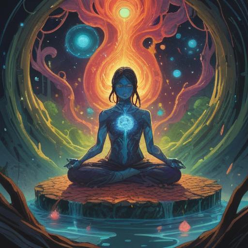 A serene illustration depicting the feeling of anxiety holding spiritual significance, abstract representations of swirling energies, a figure sitting in meditation, contrasting light and dark colors to symbolize inner turmoil, ethereal elements like glowing orbs and flowing lines, tranquil environment with soft, organic shapes, 4k