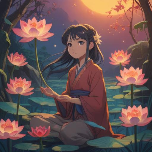 A serene scene depicting a person in a moment of stress finding clarity, ethereal light surrounding them, symbols of spiritual awakening like lotus flowers and radiant orbs, a peaceful landscape in the background, warmth and positivity radiating from the character, hints of inner transformation, inspirational and uplifting atmosphere, 4k