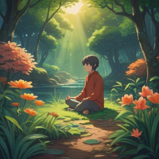 A serene scene depicting a person meditating in a tranquil garden, surrounded by soothing nature, gentle sunlight filtering through the trees, a collection of lucky charms, soft breeze rustling leaves, peaceful expression, calming atmosphere, harmony with nature, 4k