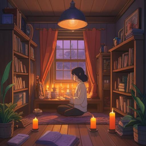 A serene and calming scene, a cozy room filled with soft lighting, various mindfulness items like candles and journals, a person meditating peacefully, surrounded by soothing plants, gentle color palette, inviting atmosphere, focus on inner peace, 4k