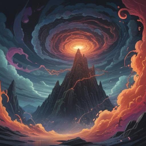 A surreal representation of anxiety as a spiritual entity, swirling dark clouds, vibrant energy bursts, ethereal colors, representation of inner turmoil and chaos, mystical symbols in the background, contrasting light and shadow, emotional depth, 4k