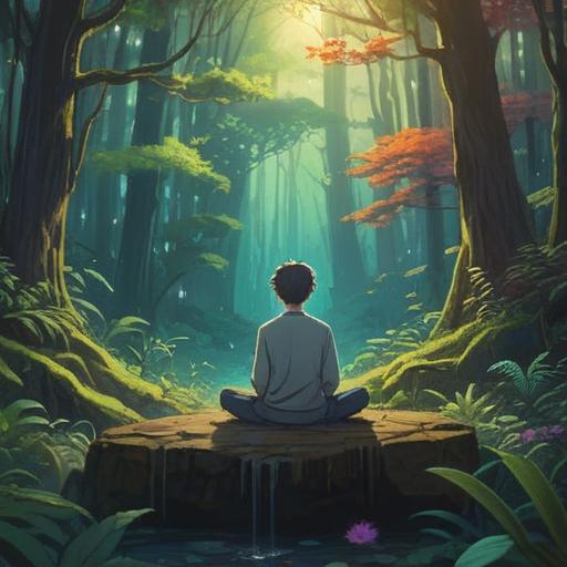 A serene scene depicting a person meditating in a tranquil forest, surrounded by soft, ethereal light, representing the transformative power of anxiety into spiritual growth, gentle breeze rustling leaves, calming energy radiating from the person, vibrant nature colors, harmonious connection with the universe, 4k