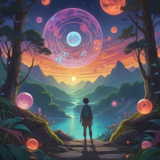 A serene landscape depicting a person in a moment of anxiety, surrounded by ethereal light orbs representing spiritual signs, vivid colors reflecting emotions, contrasting dark shadows and bright highlights, a peaceful yet anxious expression on the character's face, foliage symbolizing growth and awareness, gentle breeze illustrated with flowing lines, inviting atmosphere, 4k